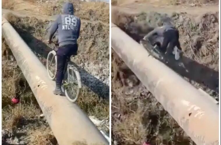 VIDEO VIRAL: Intenta manejar bicicleta sobre un tubo y cae sobre aguas negras