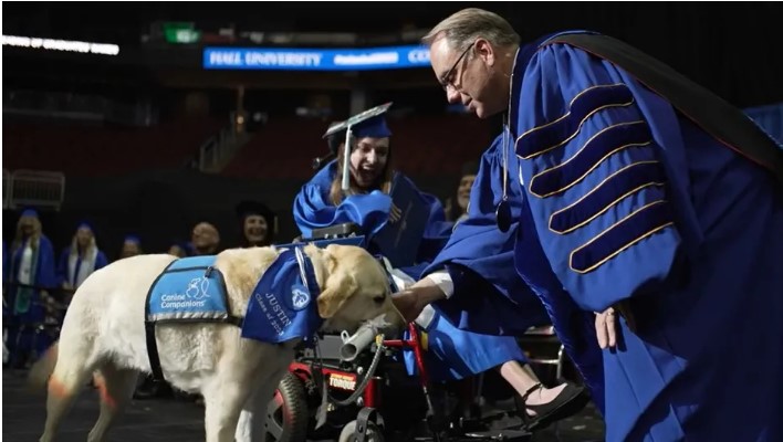 Perrito guía en EU se gradúa junto a su dueña