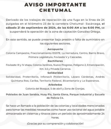 Anuncian corte de agua en Chetumal para este sábado 21 de septiembre