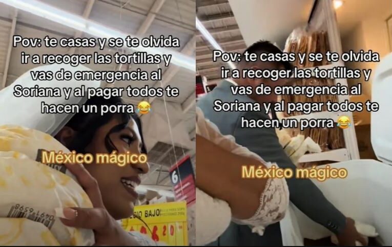 Pareja en ropa de novios va al supermercado por tortillas tras olvidarlas para su boda