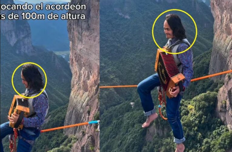 Joven se vuelve viral al tocar el acordeón a 100 metros de altura, sentado sobre una cuerda