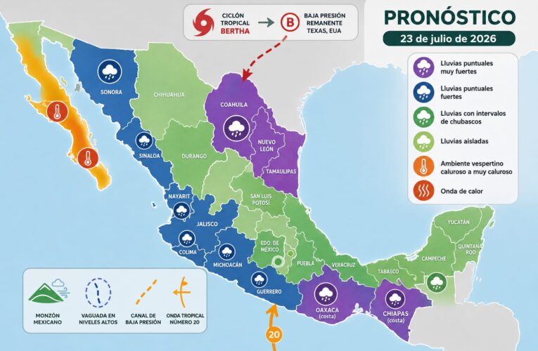 El avance de la onda tropical número 20 sobre el sureste y sur del país, generará lluvias fuertes