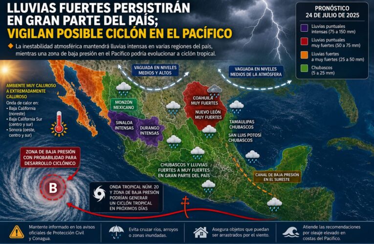 Lluvias fuertes persistirán en gran parte del país; vigilan posible ciclón en el Pacífico