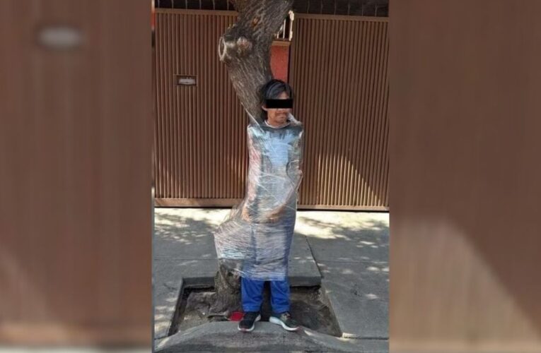 Envuelto para regalo: Vecinos emplayan a presunto ladrón de bicicleta contra un árbol en la CDMX